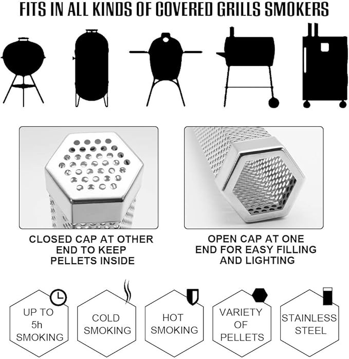 BEWAVE Pellet Smoker Tube for All Grill Electric Gas Charcoal or Smokers Hot/Cold Smoking, Free Tube Brush, 6&12 Inch
