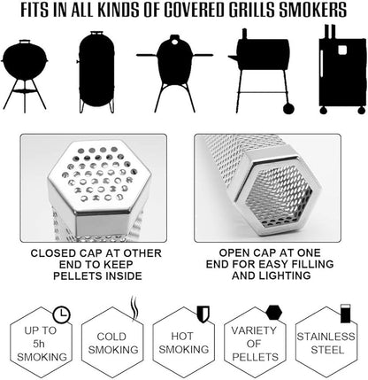 BEWAVE Pellet Smoker Tube for All Grill Electric Gas Charcoal or Smokers Hot/Cold Smoking, Free Tube Brush, 6&12 Inch