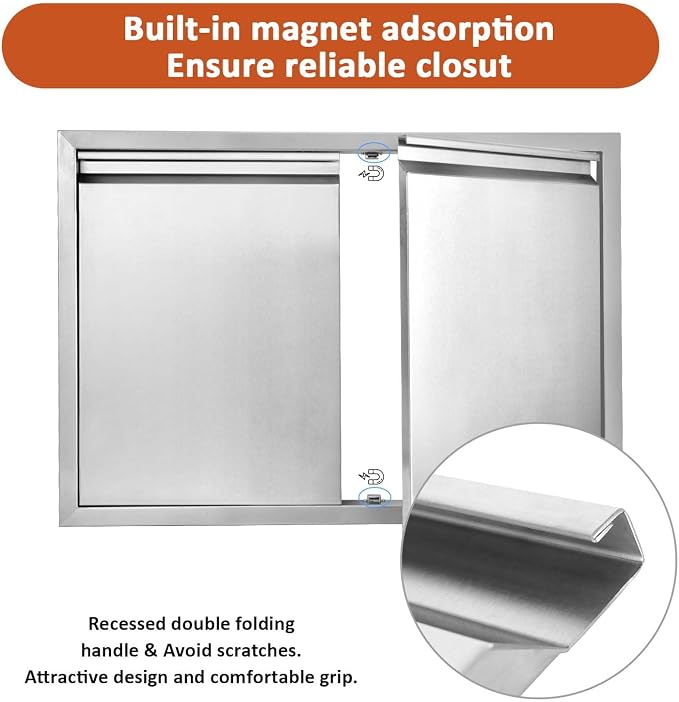 JIE JIN BBQ Access Door 35" W X 24" H Outdoor Kitchen Doors Double Doors Thickened 304 Stainless Steel Outdoor Kitchen Accessories Door for Indoor/Outdoor Kitchen Outdoor Cabinet BBQ Island