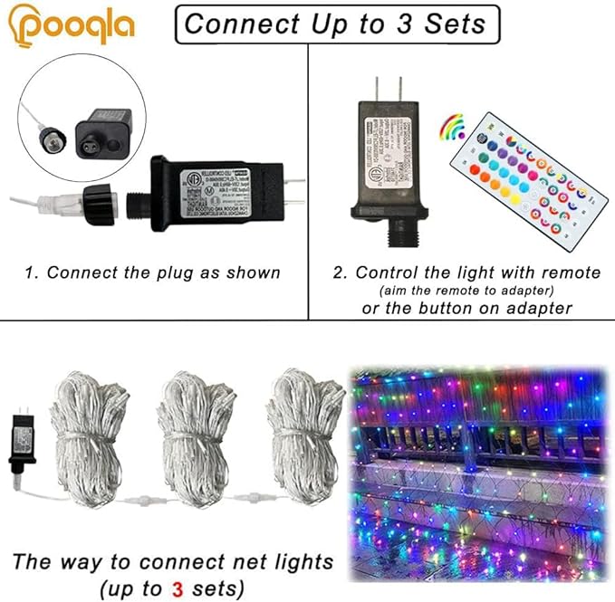 Pooqla RGB Net Lights, Color Changing Christmas Outdoor Mesh Lights, 9.8ft x 6.6ft 204 LED Net Light, Connectable Plug in Waterproof Tree Light Bushes Yard 4th of July Decoration