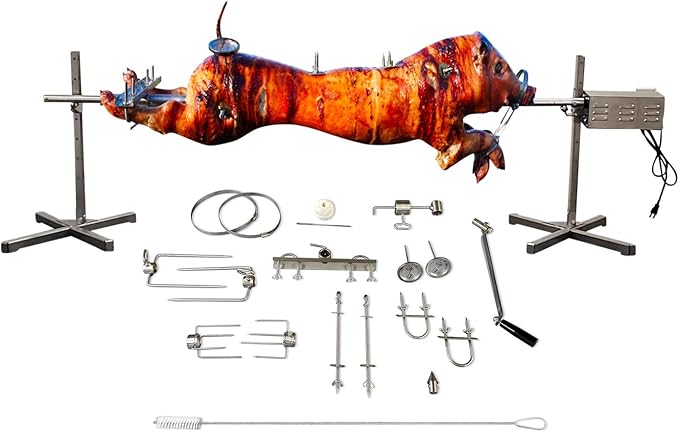 SPITJACK XB125C Pig, Whole Hog, Lamb BBQ Spit Roaster Rotisserie Kit. Electric 120W Motor, 72 Inch Spit Rod, All Stainless Trussing Hardware, Accessories for Portable Charcoal Barbecue, Outdoor Fire