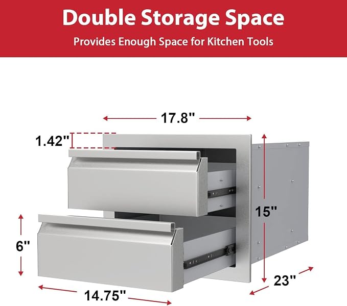 18" W x 23" D x 15" H Outdoor Double Kitchen Drawers, Stainless Steel Kitchen Grill Cabinet Combo Flush for BBQ Island Patio and Grill Station