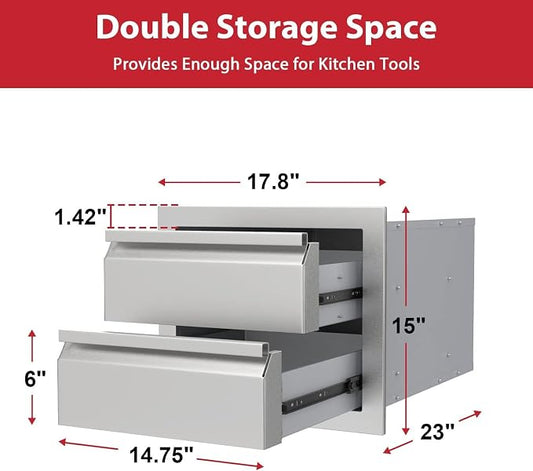 18" W x 23" D x 15" H Outdoor Double Kitchen Drawers, Stainless Steel Kitchen Grill Cabinet Combo Flush for BBQ Island Patio and Grill Station