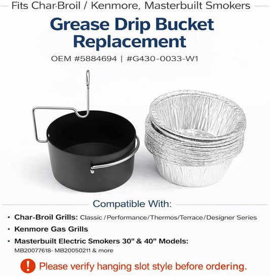Grill Grease Cup with Clip for Char-Broil & Kenmore Grill Grease Tray Replacement - 15Pack Aluminum Foil Liners, Fits Masterbuilt 30"/40" Smokers Drip Pan Replacement Parts