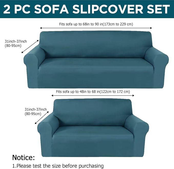 Peryiter 2 Pcs Couch and Loveseat Sofa Covers,Peacock Blue,Milk Silk | Armchair Covers for Living Room, Sofa Cushion Slipcover 2/3 Seater, Furniture Protector, Polyester and Spandex, Washable