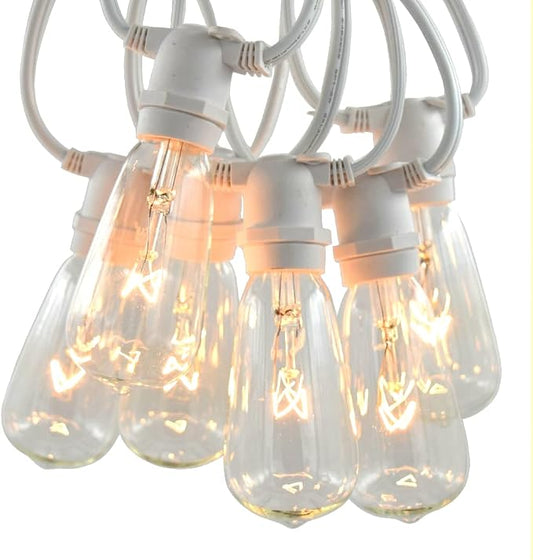 Commercial Vintage Edison String Lights (PS50 Clear - White Wire, 25 Foot) | ST40 Clear 7 Watt Bulbs, 25 Foot 20 Socket, Commercial Grade Outdoor Lights