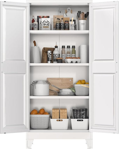 61.4" White Metal Pantry Storage Cabinet, Farmhouse Kitchen Cupboard with 3 Adjustable Shelves, Magnetic Closure, Anti-Tip Kit & Moisture-Proof Legs for Kitchen, Living Room, Assembly Required