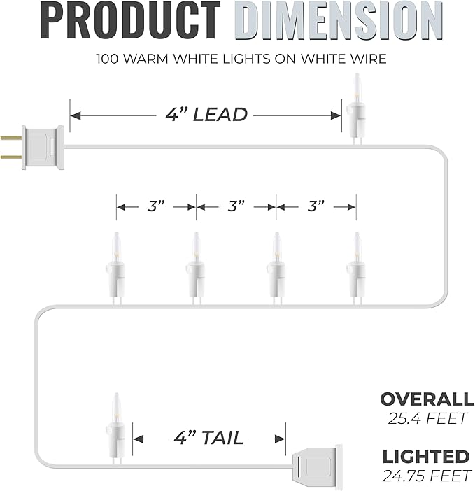 612 Vermont 100 LED Clear Christmas Lights on White Wire, UL Approved, Indoor and Outdoor Use, 24.75 Foot of Lighted Length, 25.4 Foot of Total Length