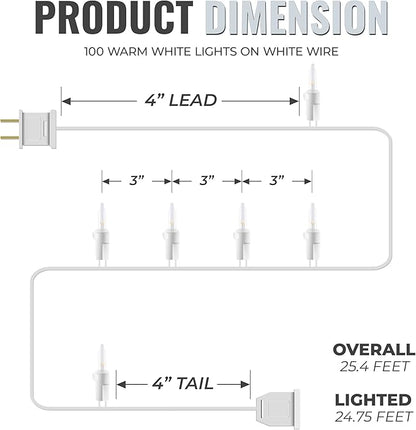 612 Vermont 100 LED Clear Christmas Lights on White Wire, UL Approved, Indoor and Outdoor Use, 24.75 Foot of Lighted Length, 25.4 Foot of Total Length