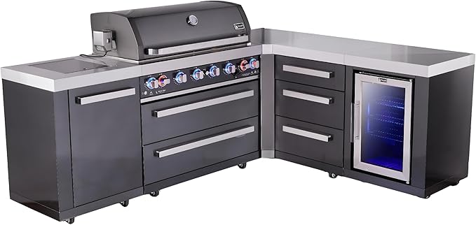 Mont Alpi 94"W x 75"D L-shaped Black Stainless Steel Modular Outdoor Kitchen Island with Refrigerator + Side Burner + 44"W 6-Burner BBQ Gas Grill + Granite Countertops + Storage Cabinets & Drawers