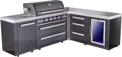 Mont Alpi 94"W x 75"D L-shaped Black Stainless Steel Modular Outdoor Kitchen Island with Refrigerator + Side Burner + 44"W 6-Burner BBQ Gas Grill + Granite Countertops + Storage Cabinets & Drawers