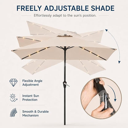 6.5 x 10ft Rectangular Patio Umbrella with Solar Lights, 16 LED Lighted Market Umbrella with Push-Button Tilt and Crank, 6 Sturdy Iron Ribs for Garden, Deck, Pool, Beige