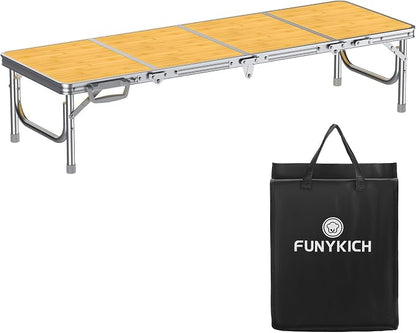FUNYKICH 4ft Low Folding Picnic Table(45.7''x15.7''x10.3''), Thicker Aluminum Legs Beach Table with Handle & Carry Bag, Lightweight Small Camping Table for Picnic Beach Camping Party, Yellow