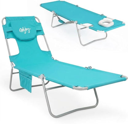 #WEJOY Folding Tanning Chair with Face Hole, 5 Positions Face Down Beach Lounge Chairs with Pillow for Outside Sunbathing Poolside (Cyan)