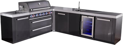Mont Alpi 94"W x 113"D L-shaped Black Stainless Steel Outdoor Kitchen Island with Fridge + Faucet & Sink + 44"W 6-Burner BBQ Grill + Granite Countertops + Storage + Chopping Board + Rotisserie + Cover