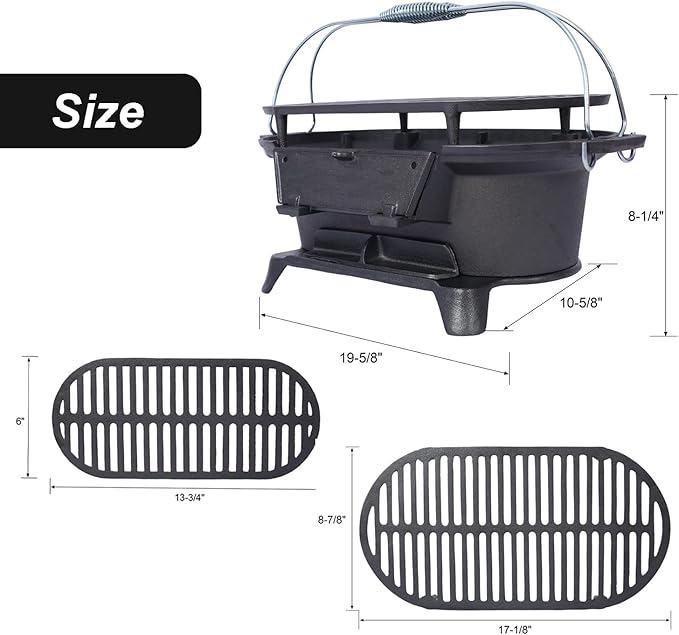 Cast Iron HibachiGrill Outdoor, Portable Cast Iron Charcoal Grill with Adjustable Air Vents - Compact for Outdoor Camping, Backyard BBQ, Picnics & Tailgating (Oval)