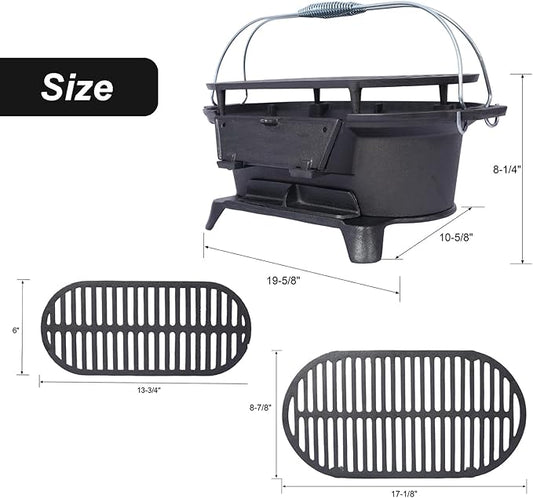 Cast Iron HibachiGrill Outdoor, Portable Cast Iron Charcoal Grill with Adjustable Air Vents - Compact for Outdoor Camping, Backyard BBQ, Picnics & Tailgating (Oval)
