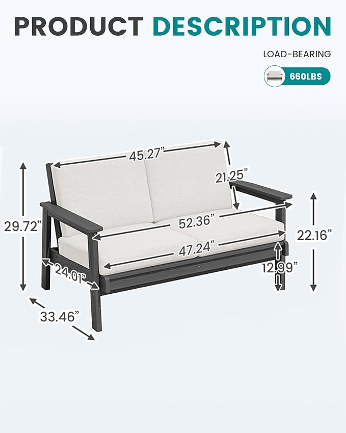 SERWALL Patio Furniture Set with 33” Fire Pit Table, HDPE Outdoor Sectional Sofa Set with Thickened Cushions, Grey Frame with Khaki Cushions