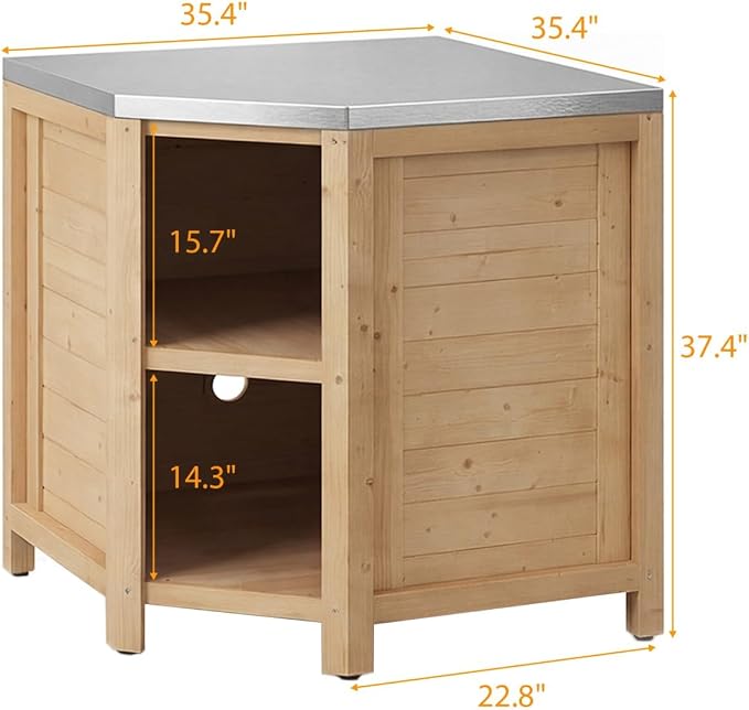 MOUMON Corner Patio Kitchen Storage Cabinet with Stainless Steel Countertop, Solid Cedar Patio Prep Table for Grilling, Outdoor Cooking Station, Oak 35.4”W x 35.4”D x 37.4”H
