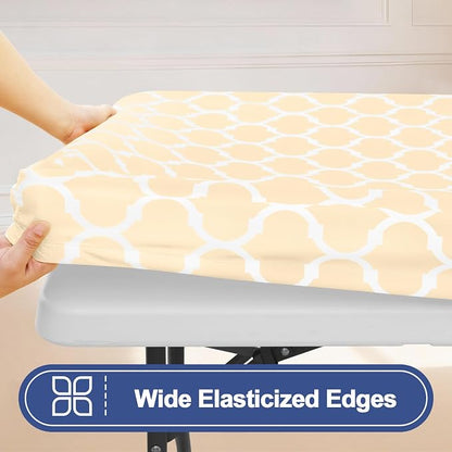 Smiry 2 Pack Rectangle Table Cloth 8 Foot, Waterproof Elastic Fitted Tablecloths, Windproof Washable Polyester Table Cover for Picnic, Camping, Outdoor (Beige, 30"x96")