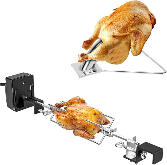 Skyflame Stainless Steel Rotisserie Kit with Heavy Duty Rotisery Motor and Stainless Steel Vertical BBQ Chicken Roaster Rack
