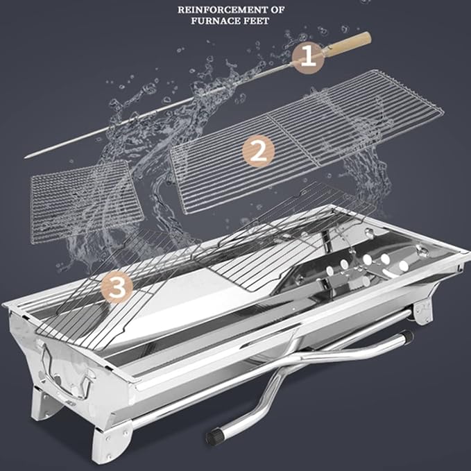 Folding Portable Barbecue Charcoal Grill, BBQ Tool, Barbecue Outdoor Stainless Steel Smoker Grill for Outdoor Cooking Camping Picnics Beach (Silver 95 * 33 * 71cm)