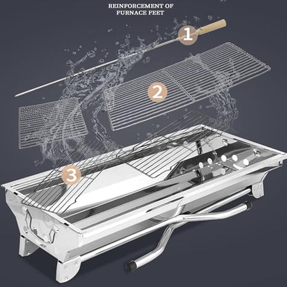 Folding Portable Barbecue Charcoal Grill, BBQ Tool, Barbecue Outdoor Stainless Steel Smoker Grill for Outdoor Cooking Camping Picnics Beach (Silver 95 * 33 * 71cm)