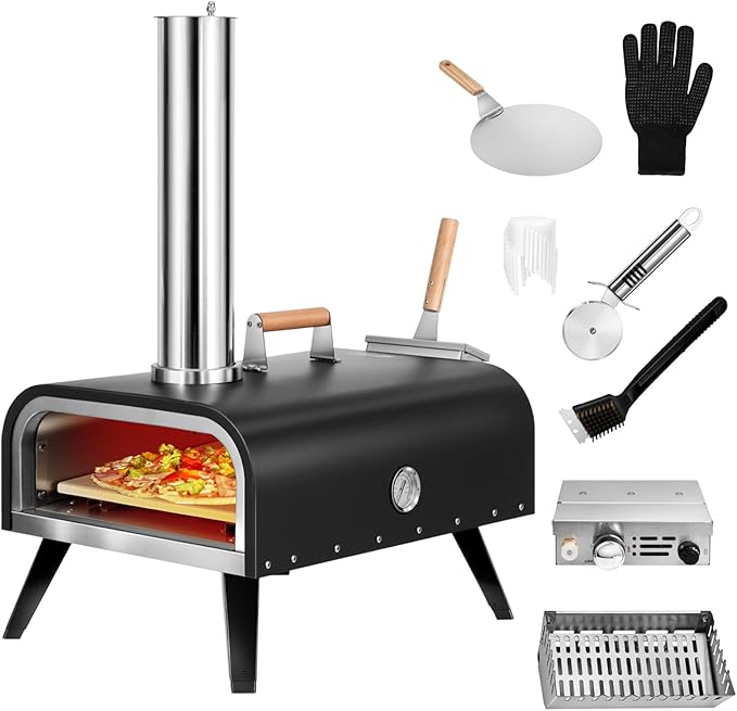 Outdoor Wood Fired Gas 12'' Pizza Oven Multi-Fuel, Gas Burner, Wood Tray, Portable, Oven Grill, Outside, Backyard, Pizza Maker, oven gloves, Peel, Cutter (Gas Fire)