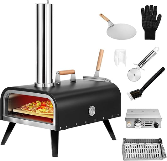 Outdoor Wood Fired Gas 12'' Pizza Oven Multi-Fuel, Gas Burner, Wood Tray, Portable, Oven Grill, Outside, Backyard, Pizza Maker, oven gloves, Peel, Cutter (Gas Fire)
