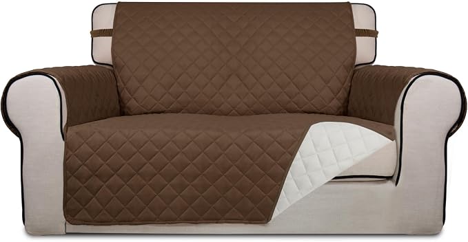 PureFit Reversible Quilted Couch Covers for Dogs Loveseat Sofa Cover 46.5” | Coffee/Ivory, Water Resistant Couch Protector, Washable Pet Couch Cover with Non Slip and Elastic Straps For Kids