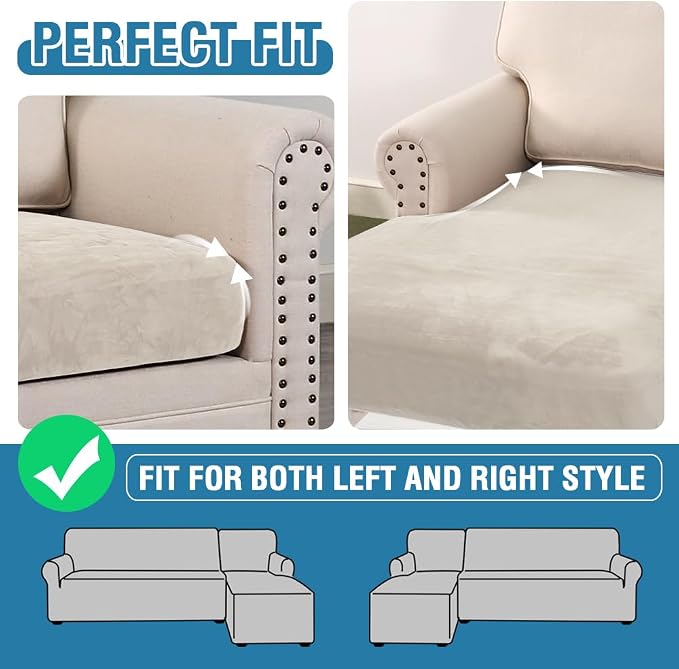 H.VERSAILTEX Velvet Stretch Sectional Couch Covers 3 Pieces Sofa Seat Cushion Covers L Shape Separate Cushion Couch Cover for Both Left/Right Sectional Couch (Large Sofa 2 Seater + 1 Chaise, Ivory)