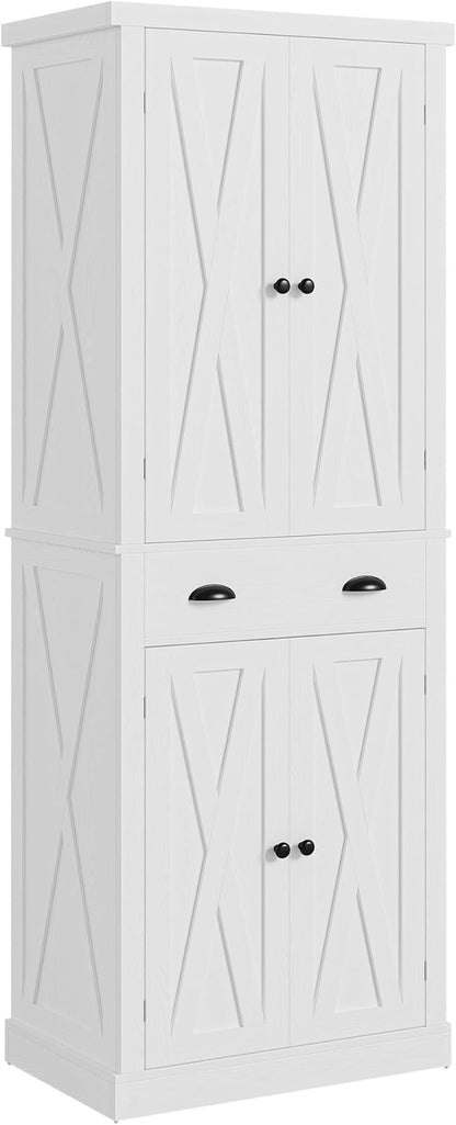 IRONCK Kitchen Pantry Storage Cabinet 72.6" H x 24" W, with Barn Doors, Drawer, 4 Adjustable Shelves, Freestanding Cupboard, Laundry, White