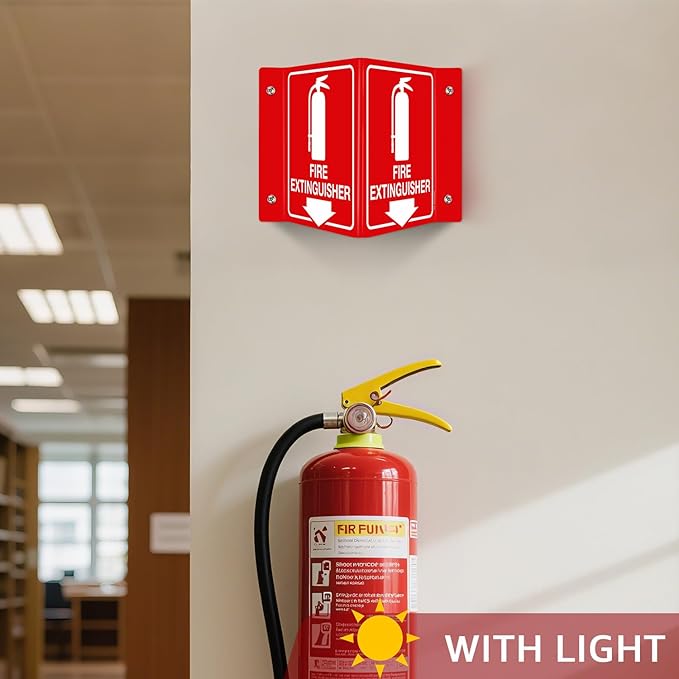 T&R Fire Extinguisher Sign, Fire Extinguisher with Down Arrow - 4 Pack - 8 x 6 Inches Glow-In-The-Dark Acrylic, 4 pre-drilled holes, Includes Matching Screws, Use for Home Office/Business