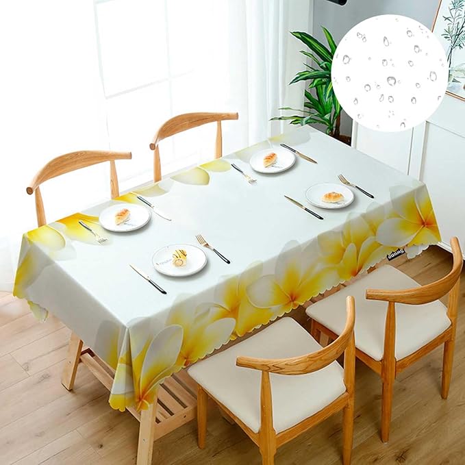 Swono White Flowers Tablecloth Tropical Blossom Plumeria Flowers Rectangle Table Cloth Washable Plaid Table Cover for Kitchen Holiday Dinner, 52x 70 Inch Tablecloth