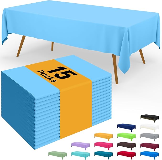 Smiry Disposable Table Cloth - 15 Pack, 54 x 108 Inch Waterproof Rectangle Tablecloths for Parties, Decorative Plastic Table Cover, Leakproof & Sturdy, Light Blue
