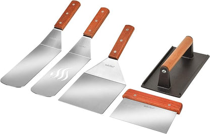 onlyfire Professional Flat Top Barbecue Tool Kit Grill Griddle Tools | Griddle Accessories for Camping, Outdoor Hibachi, Backyard-5 pcs