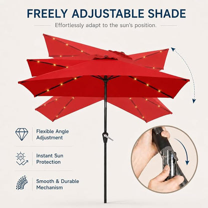 6.5 x 10ft Rectangular Patio Umbrella with Solar Lights, 16 LED Lighted Market Umbrella with Push-Button Tilt and Crank, 6 Sturdy Iron Ribs for Garden, Deck, Pool, Red