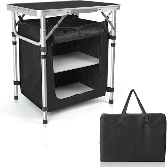 CampLand Folding Cooking Table Outdoor Portable Cook Station Aluminum Camping Kitchen with Storage Organizer, Windscreen, Hooks for BBQ, Party (SamllBlack)
