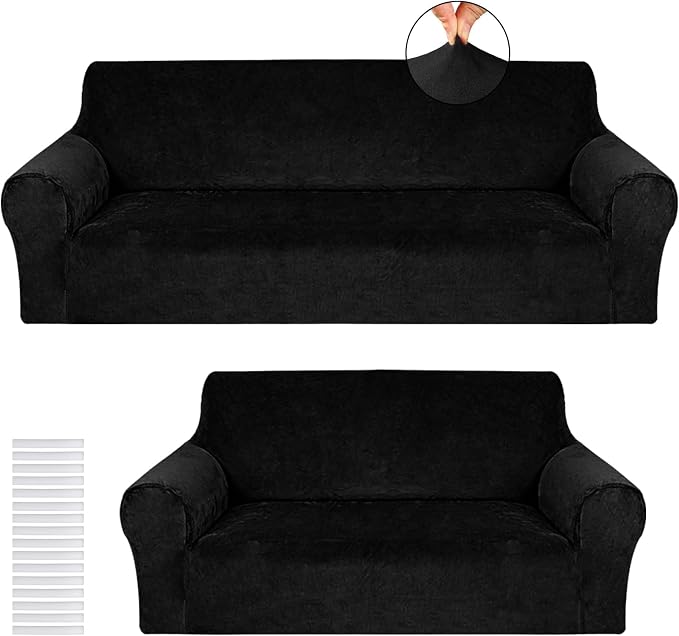 Peryiter 2 Pcs Couch and Loveseat Sofa Covers,Black,Velvet | Armchair Covers for Living Room, Sofa Cushion Slipcover 2/3 Seater, Furniture Protector, Polyester and Spandex, Washable