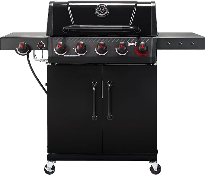 Feasto 5 Burner Propane Gas Grill with Side Burner & Sear Burner, Porcelain-Enameled Main Body and Lid, Propane BBQ Grill with Warming Rack & Storage Cabinet for Outdoor, Patio, Backyard