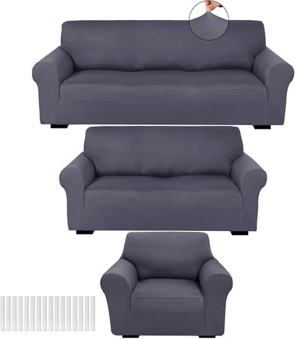 Peryiter 3 Pcs Couch and Loveseat Sofa Covers,Dark Gray,Milk Silk | Armchair Covers for Living Room, Sofa Cushion Slipcover, Furniture Protector, Polyester and Spandex, Washable