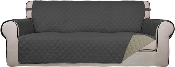 PureFit Reversible Quilted Sofa Cover Dog Couch Covers for Sofa, 66 in | Dark Gray/Beige, Water Resistant Couch Protector, Washable Pet Couch Cover with Non Slip and Elastic Straps For Kids