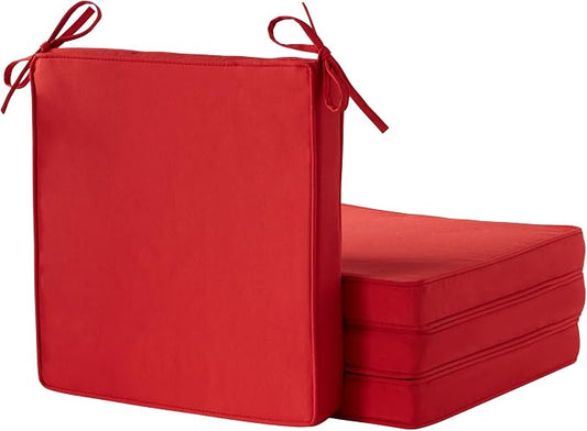 Outdoor 18 inch Square Patio Dining Chair Pads – Comfortable Fiber-Filled Seat Cushions with Ties, Reversible Polyester Fabric - Salsa Red, Set of 4