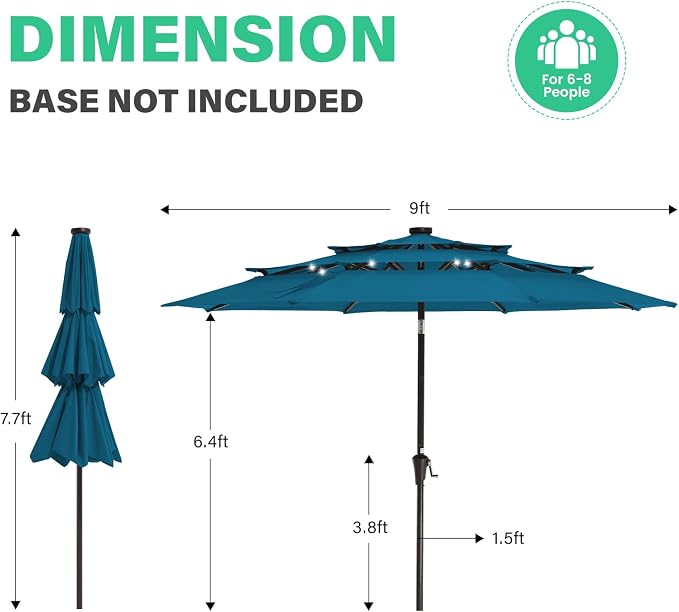 JEAREY 9 ft 3-Tier Outdoor LED Lighted Patio Umbrella w/Crank, Lake Blue | Solar Market Table Umbrella with 8 Sturdy Ribs, UV Protection Waterproof Sunproof for Garden, Deck and Backyard