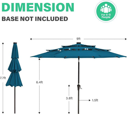 JEAREY 9 ft 3-Tier Outdoor LED Lighted Patio Umbrella w/Crank, Lake Blue | Solar Market Table Umbrella with 8 Sturdy Ribs, UV Protection Waterproof Sunproof for Garden, Deck and Backyard