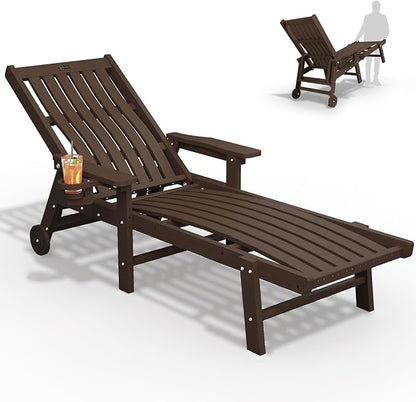 THOEOE Patio Chaise Lounge Chair, Oversized Lounge Chair Outdoor with 5 Positions, 78″ Long, HDPE, Patio Lounge Chair with Wheels & Cup Holder for Pool, Deck, Poolside,Brown