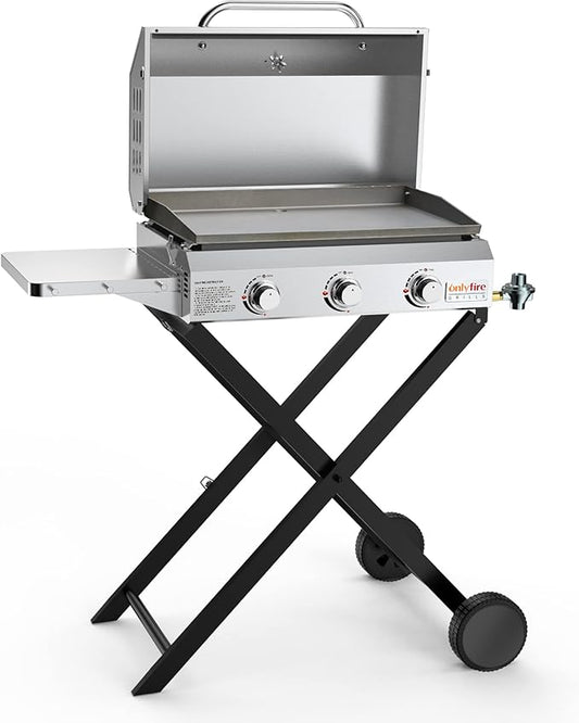 ONLYFIRE GRILLS Portable Propane Gas Griddle 3-Burner with Foldable Cart & Side Table, Flat Top Gas Grill Griddle Stove with Lid, for Outdoor Cooking Patio Backyard Camping RV Tailgating Beach, GS310