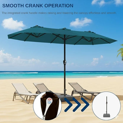 15FT Large Patio Umbrella with Base, Double Sided Rectangular Outdoor Umbrella with Sturdy Fiberglass Ribs, UPF 50+ Sun Protection, Wind-Resistant, Waterproof Fade-Resistant Fabric for Pool, Garden, Backyard, Deck(Lake Blue)