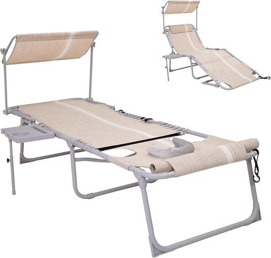 #WEJOY Tanning Chair with Face Hole & Canopy & Side Table, 5 Positions Adjustable Sunbathing Lounge Chair Facedown Chaise Lounge with Pillow Quick Dry for Beach Pool Outdoor Camping Patio,Khaki