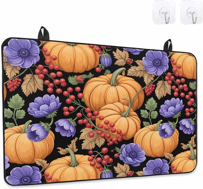 Orange Pumpkin Fall Stove Top Cover for Electric Stove, Thanksgiving Purple Floral Berry Farmhouse Heat-proof & Non Slip Glass Top Stove Cover Protector, Kitchen Flat Cooktop Rubber Mat 24x21 Inches